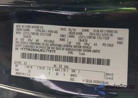 2018 Ford F-250 Xlt z USA, uszkodzony, nr VIN 1FT7W2B64JEC77975